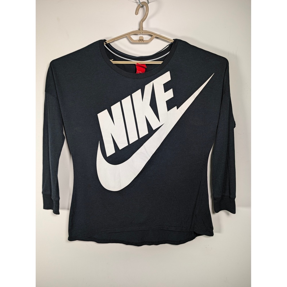 Nike Women Long Sleeve Graphic Tee Poly Cotton Rayon Black Relaxed Fit Tag L